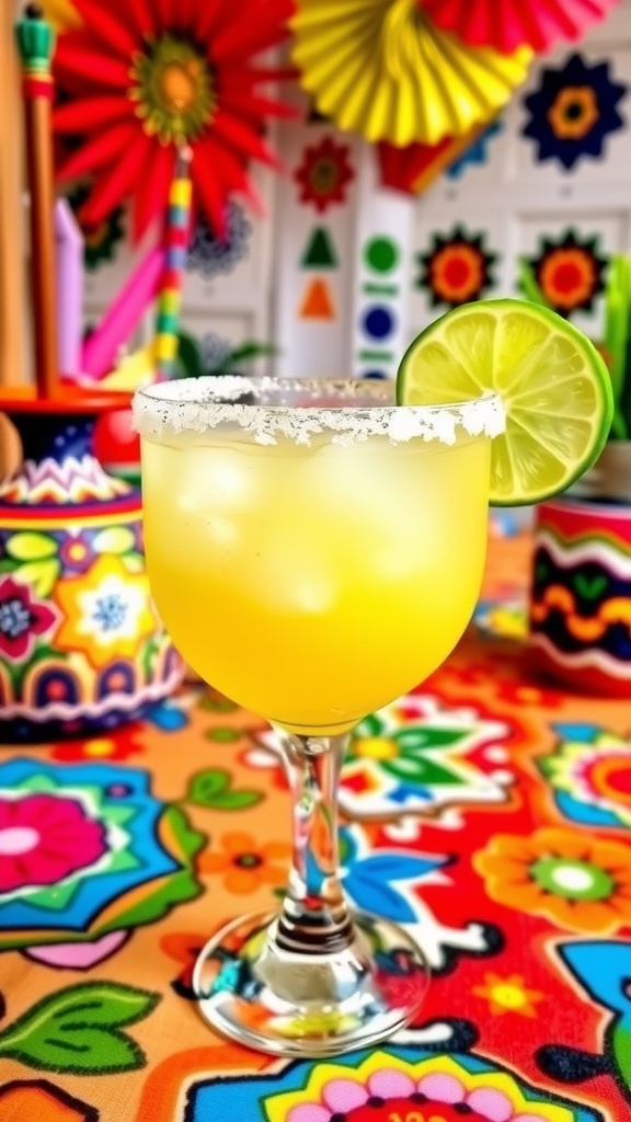 Zesty Lime Margaritas for Cinco de Mayo A refreshing lime margarita with a salted rim and lime wedge, set against a festive Cinco de Mayo backdrop.
